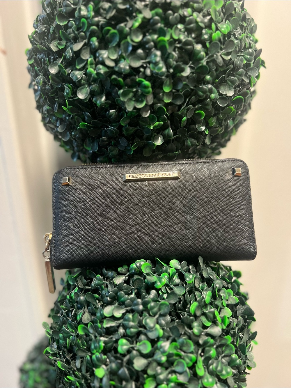 Rebecca Minkoff Black Saffiano Zip Wallet with Gold Logo